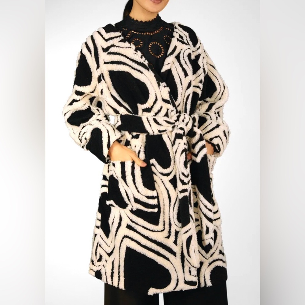 Farm Rio Wild Hearts Tie-Belt Warm Fleece Wool Coat with Belt Size XS